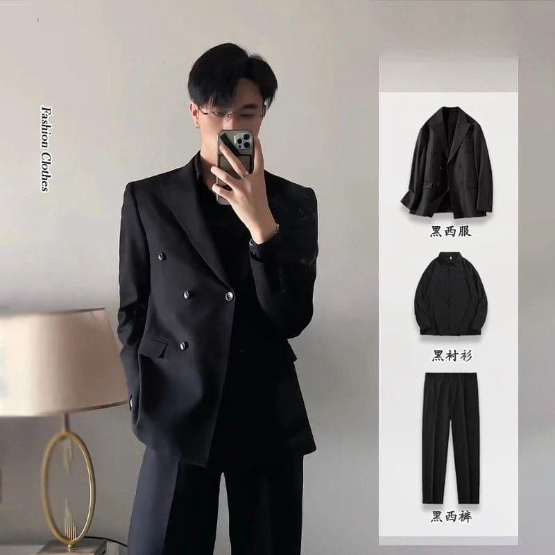High-end Feeling Men's Suit Black Blazer Spring Autumn Business Wear Double Breasted Jacket Cool Men's Style Full Set