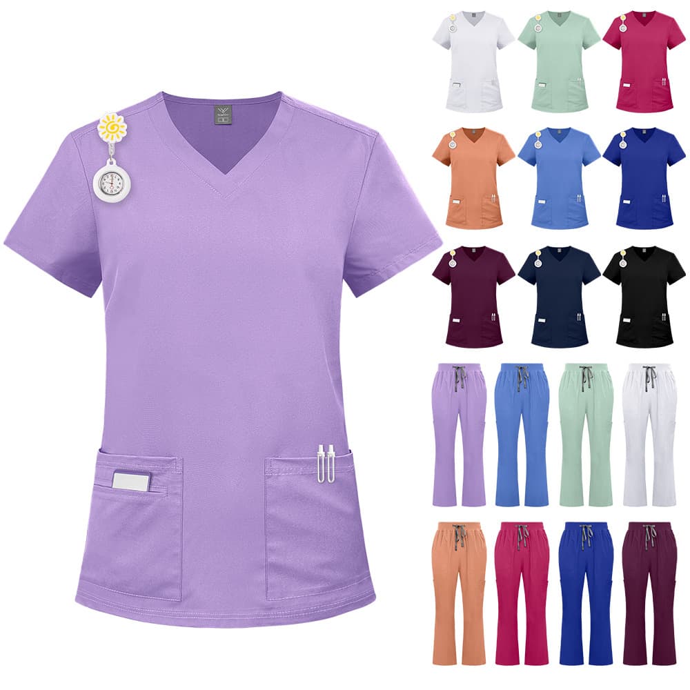 Women's Operating Room Doctor Hospital Nursing Home Beauty Salon Postpartum Center Solid Color Nurse Uniform Workwear Two-Piece Set Embroidered