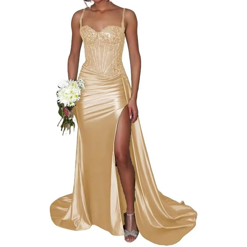 Satin Split Sexy Evening Dress Cross-border Strapless Long Dress Fishbone Waist-cinching Fitted Prom Gown