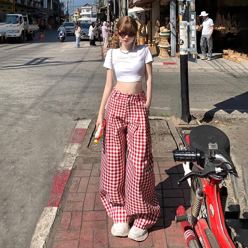 American Style Loose Wide-Leg Pants Red and White Check Contrast Color Versatile Straight Casual Pants for Women Spring Summer & Long Pants Extended