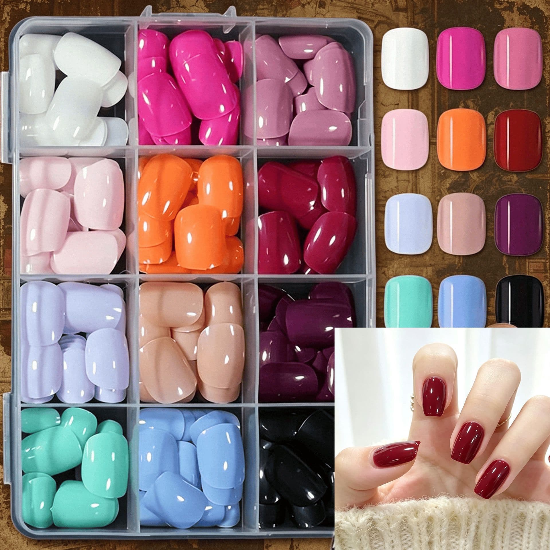 Cross-border 12 colors, 288 pieces of manicure nails, square round shiny dopamine color short square wearable nails solid color nail patches