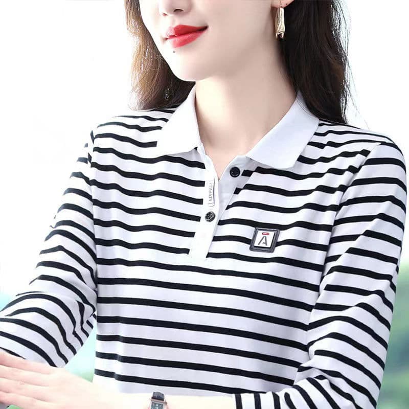 Southeast Asia Collar Long Sleeve T-Shirt Women Spring Autumn New Style Polo Middle-Aged Mom Sports Casual Top Large Size