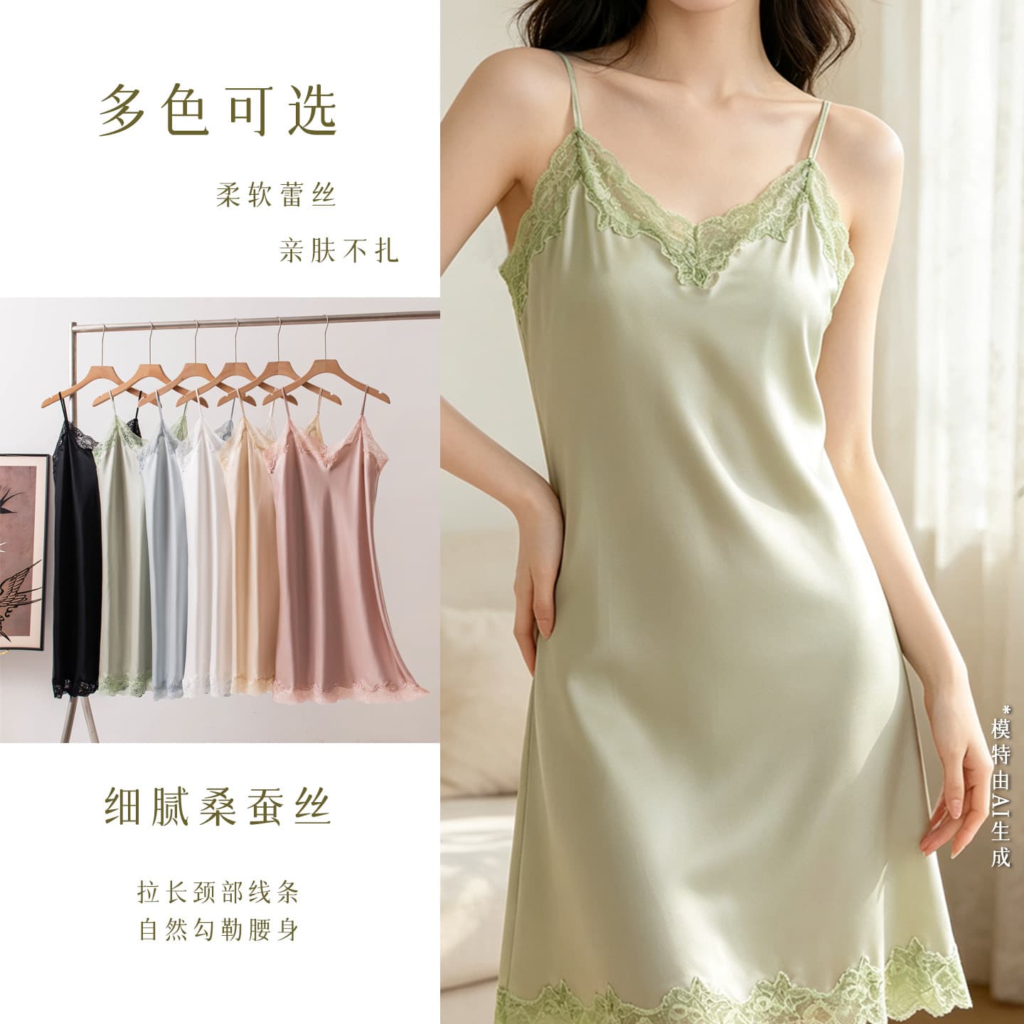 19 Momme Silk Pajamas V-Neck Sexy Camisole Nightgown Mulberry Silk Solid Color Lace Trim Short Dress for Women