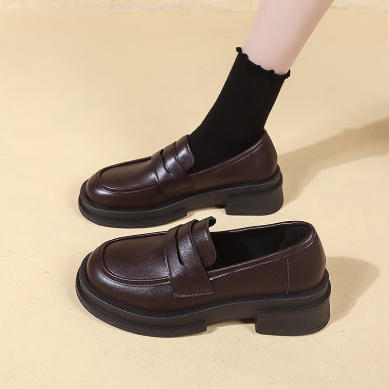 2024 Summer New Thick Sole Loafers Black Leather Shoes Women British Style Slip-On Flats