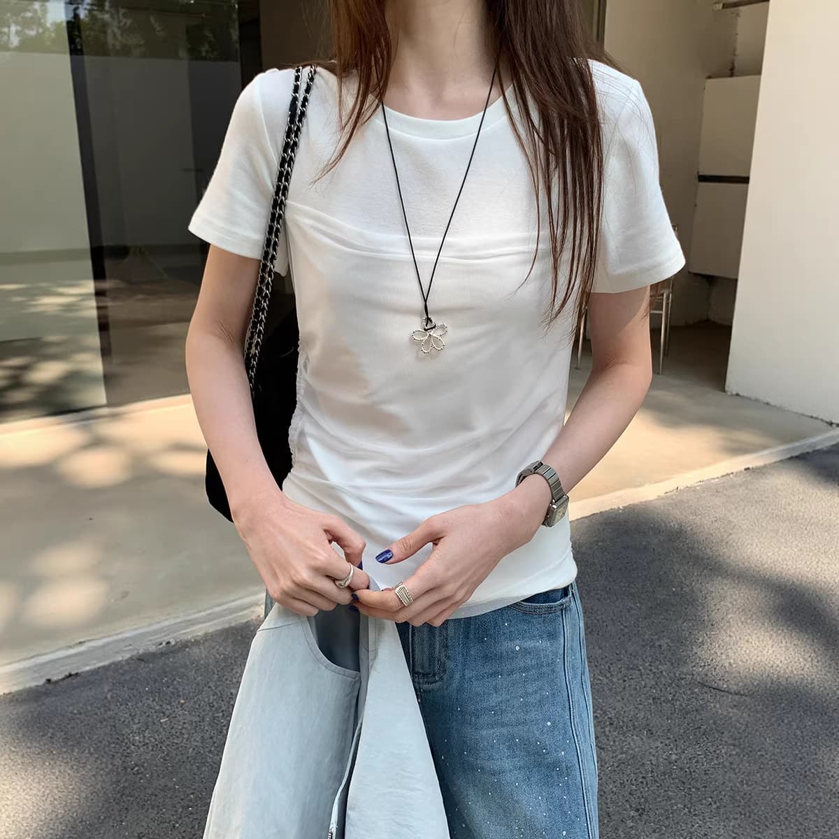 Korean waist-cinching design ruched fitted short sleeve t-shirt women spring summer new round neck casual top