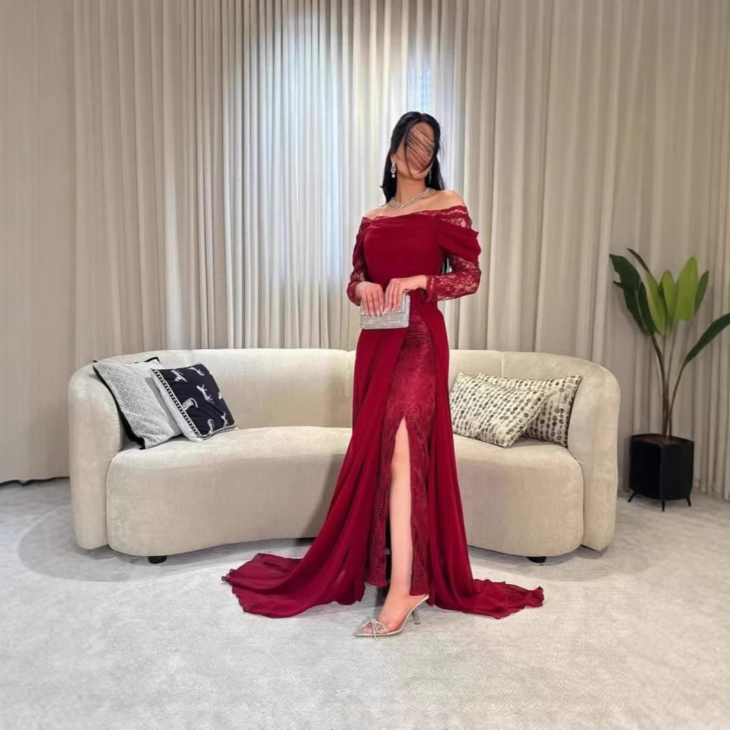 Red Off-Shoulder Lace Evening Gown