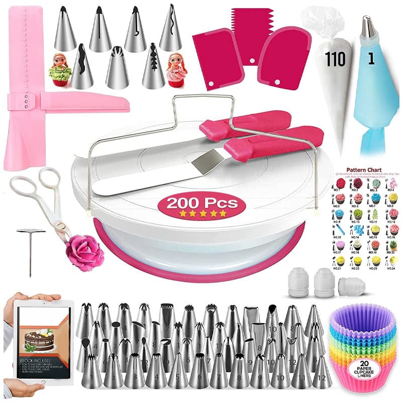 200-Piece Cake Turntable Set Piping Tips Bags Disposable Muffin Cups Baking Tools Factory Wholesale