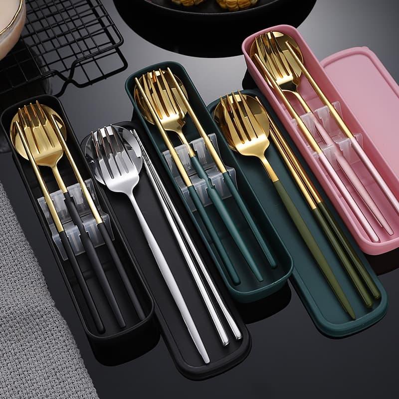 Stainless steel spoon, fork, and chopsticks three-piece portable cutlery set for students, high aesthetic appeal, storage case with logo printing option.