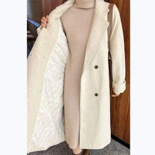 Autumn/Winter Solid Color Double-Faced Wool Coat for Women, Long Slim Fit Double-Breasted Notch Lapel Quilted Thickened Woolen Overcoat