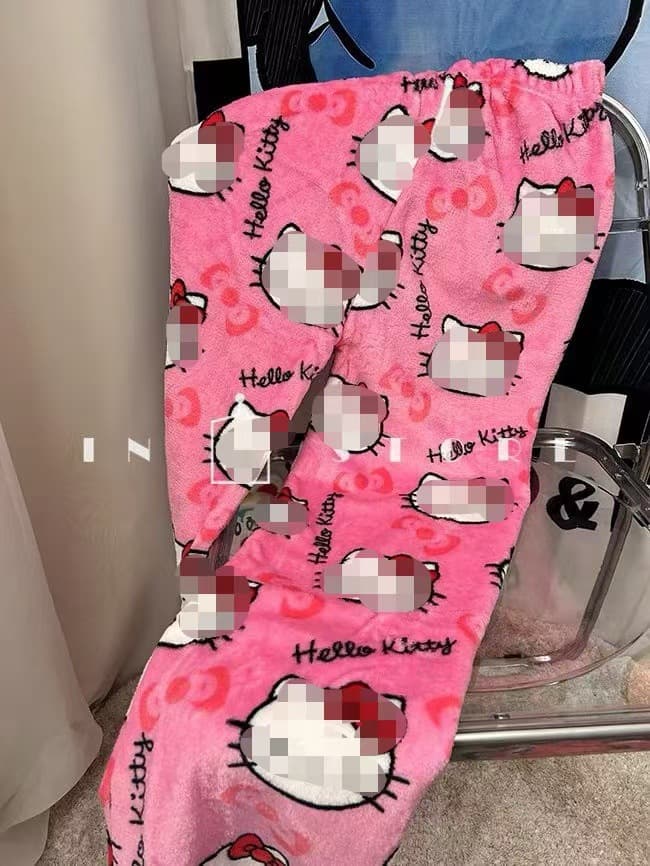 Cartoon Hello Kitty Printed Sleep Pants, Thick Women's Coral Fleece Autumn/Winter Home Leisure Flannel Sleep Pants, Wear-Out Style