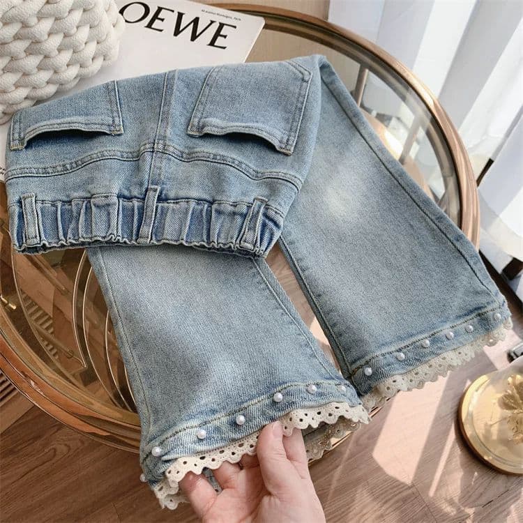Girls' bell bottoms spring 2025 new style children's elastic high waist jeans little girls casual horse hoof pants