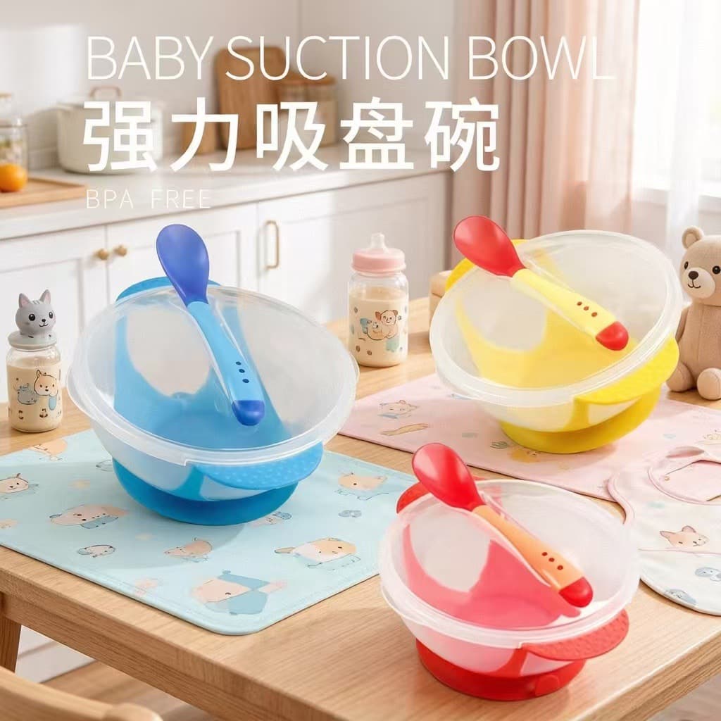 2026 Cross-border Tableware Set Baby Suction Cup Spoon Temperature Sensing Color-Changing Transparent Suction Cup Bowl Spoon Baby Training PP Bowl