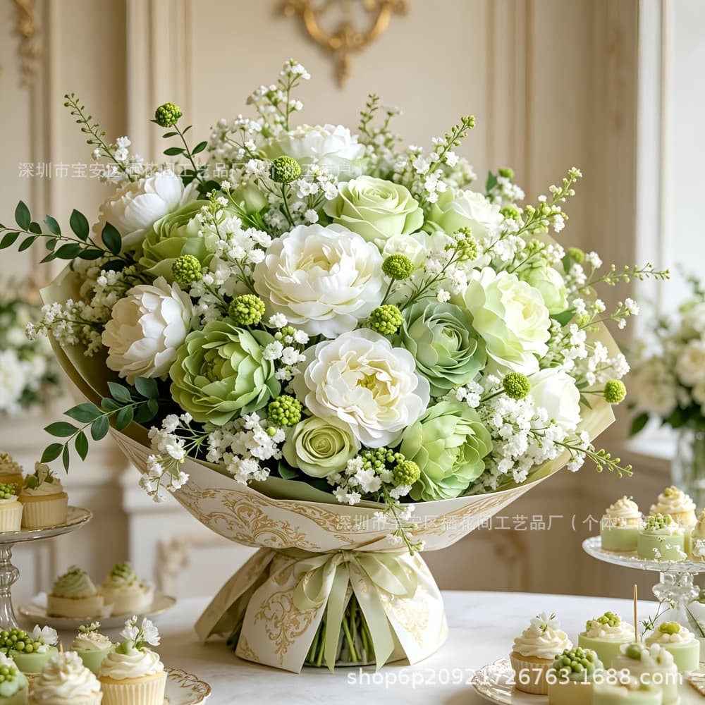 Cross-border Amazon Temu simulated white baby's breath rose bouquet hand-tied fake flowers wedding bouquet artificial plants
