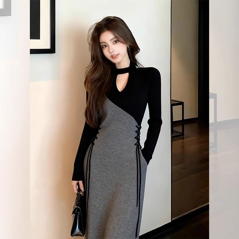 Spring and Autumn Royal Sister light and mature style French design long skirt with temperament and slimming splicing dress wholesale for women