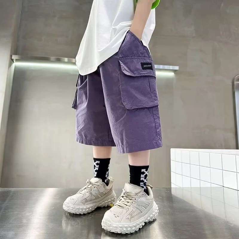 Boys Workwear Shorts Casual Lightweight Summer Fashion Children's Clothing Five-Quarter Length Cotton Blend High Waist Elastic Belt