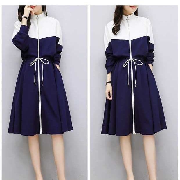 2026 Spring New Mid-Length Casual Sports Dress for Women, Loose Plus Size, Paneled White Long Sleeve Dress