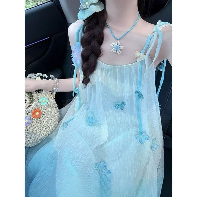 Cross-border Mint Mambo Gradient Blue Strapless Dress for Women Summer Gentle Style Beach Vacation Loose Long