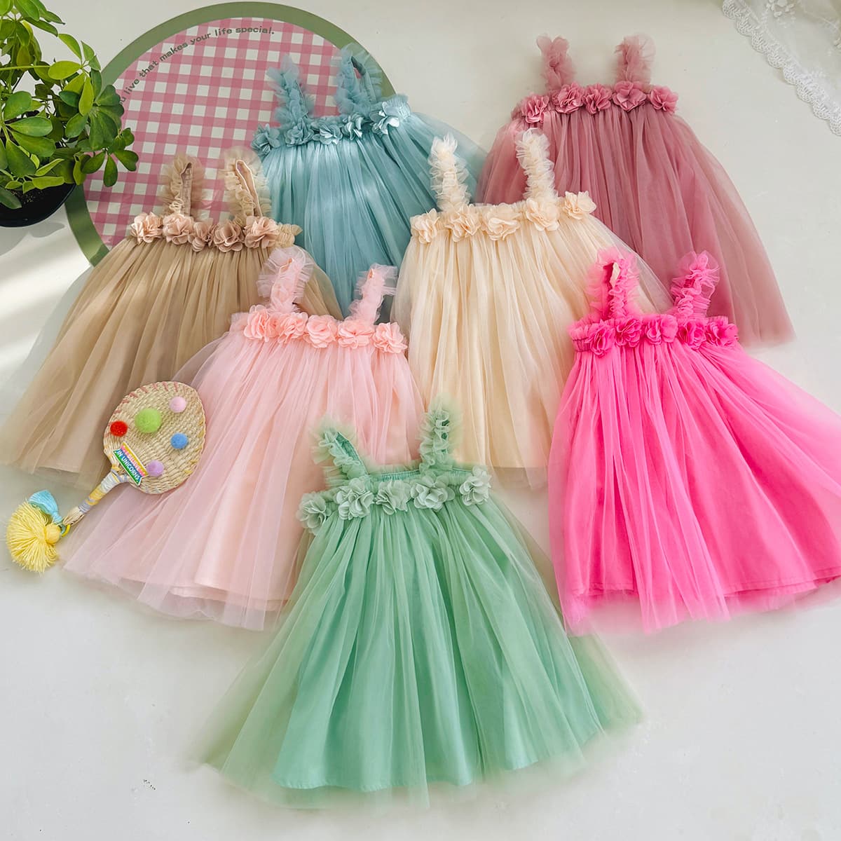 Girls' Tulle Dress 2026 Summer New Style Tank Dress Children's Beach Dress Baby Girl Stylish Princess Puffy Dress