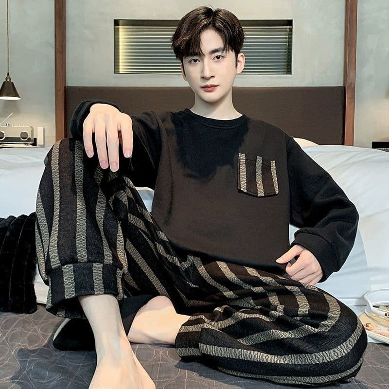 Men's Pajama Set Long Sleeve Spring Autumn Youth Teen Boys Casual Homewear Loungewear Plus Size Simple Wear-Out Design