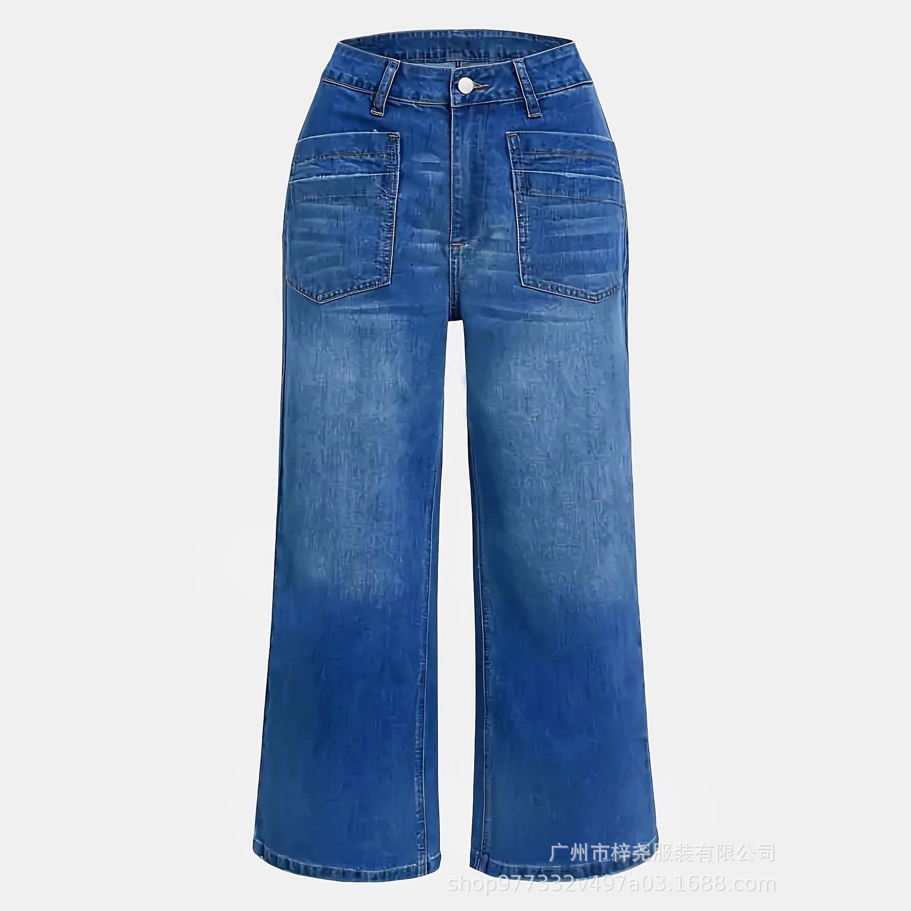 European and American cross-border stretch high-waisted wide-leg plus-size jeans, retro washed trousers with brushed hems and slanted pockets nine-point pants