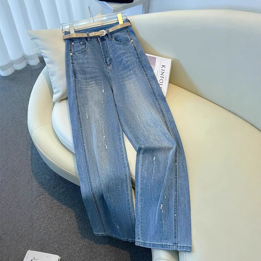 High-end diamond-encrusted wide-leg jeans for women in autumn and winter 2025 new loose slimming hot diamond-draped narrow straight-leg pants