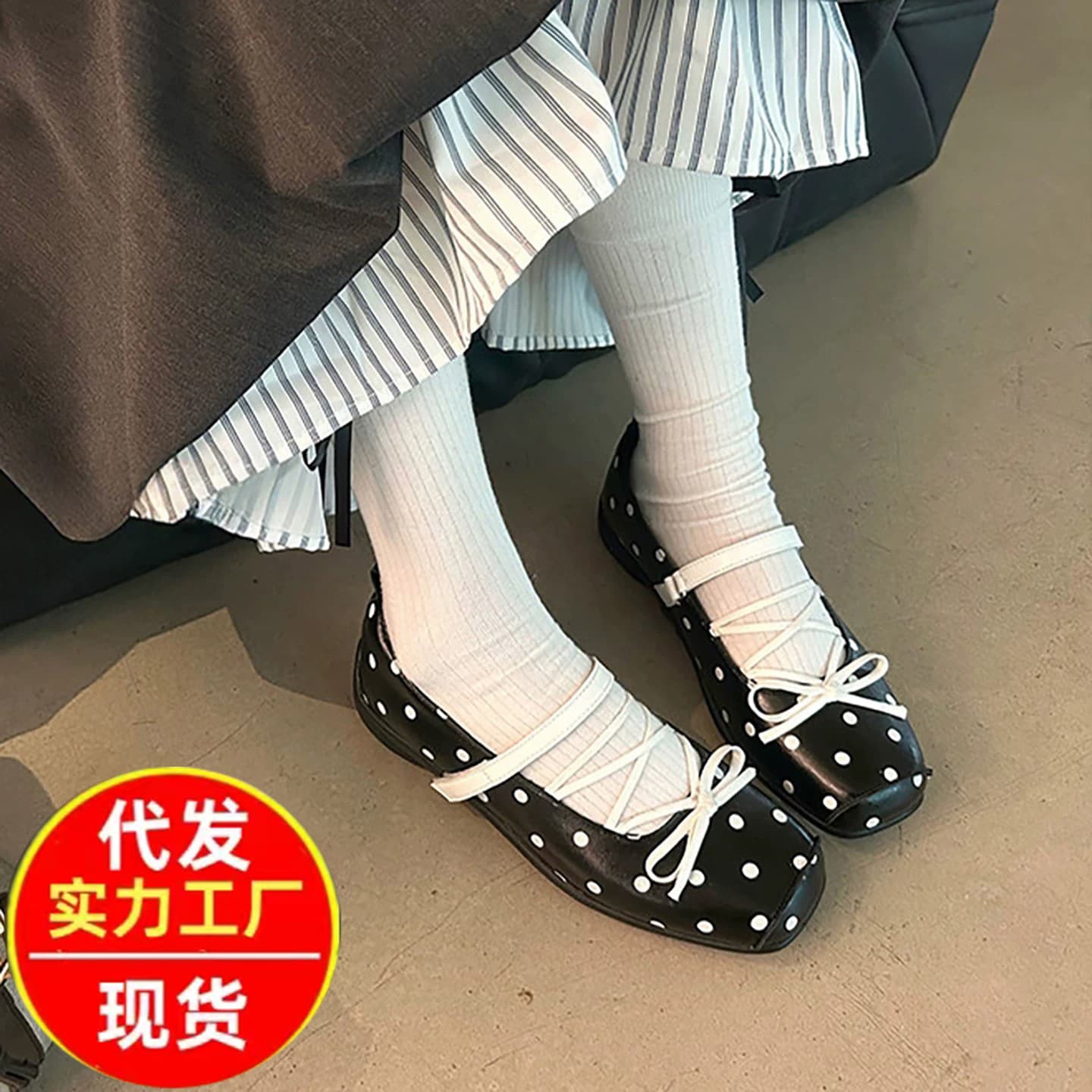 Bow-Tie Polka Dot Mary Jane Shoes for Women 2026 Spring New Versatile Functional Style Ballet Flats