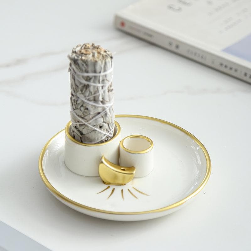 Ceramic Incense Burner Sage Burning Tray Holy Wood Base Peruvian Holy Wood Ceramic Holder Handmade Aromatherapy Decorative