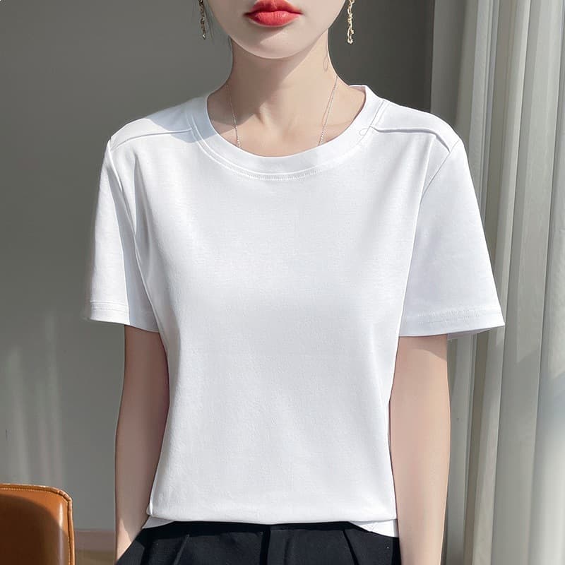 Summer New Style Mercerized Cotton Short-Sleeved T-Shirt for Women, Round Neck, Short-Sleeved, Versatile, Pure Color, Combed Cotton T-Shirt, Base Layer Shirt