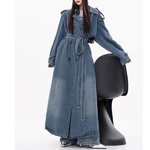 Vintage Blue Denim Trench Coat for Women 2025 Spring Loose Fit Versatile Washed Distressed Oversized Mid-Length Waist-Cinching Jacket