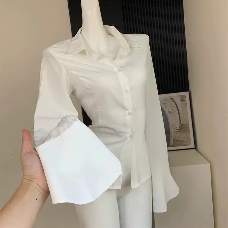 2024 Early Autumn Long Sleeve Polo Collar White Shirt Women's Design Sensibility Unique Back Strap Top China Mainland Origin