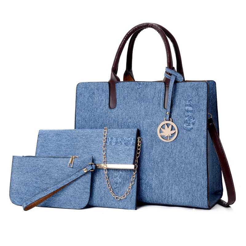 Fashionable Denim Blue Solid Color Women's Handbag 2024 New Mother-Child Bag Three-Piece Set Tote Shoulder Crossbody Bag