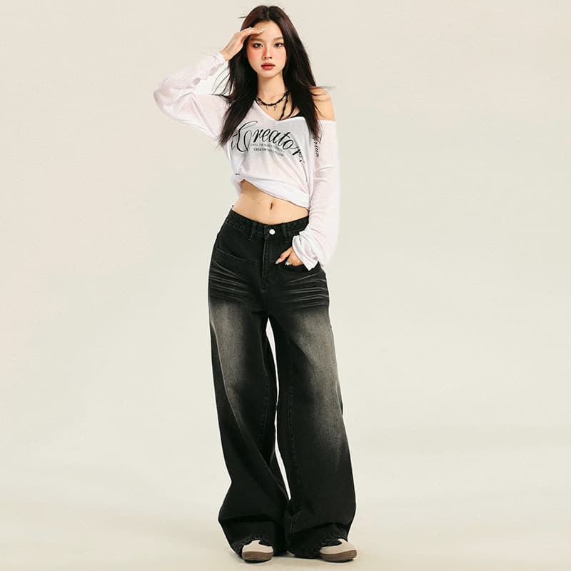 2024 New Women's Jeans American Style Straight-Leg Wide-Leg Draped Floor-Length Casual Pants Loose Fit Denim Cotton