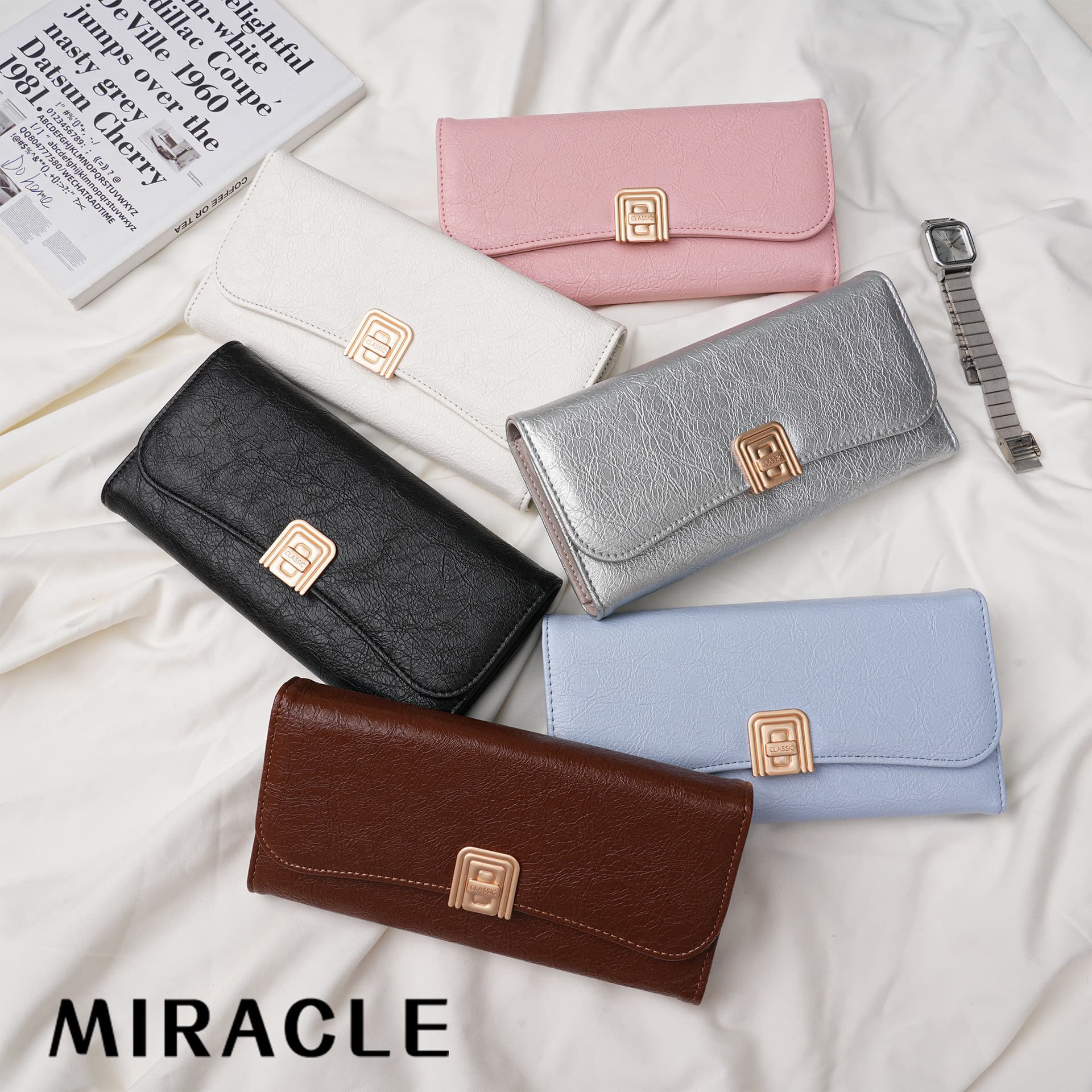 Premium Silver Crackle Pattern ~ Long Tri-Fold Wallet for Women, Solid Color Coin Purse, Handheld Card Holder, In Stock