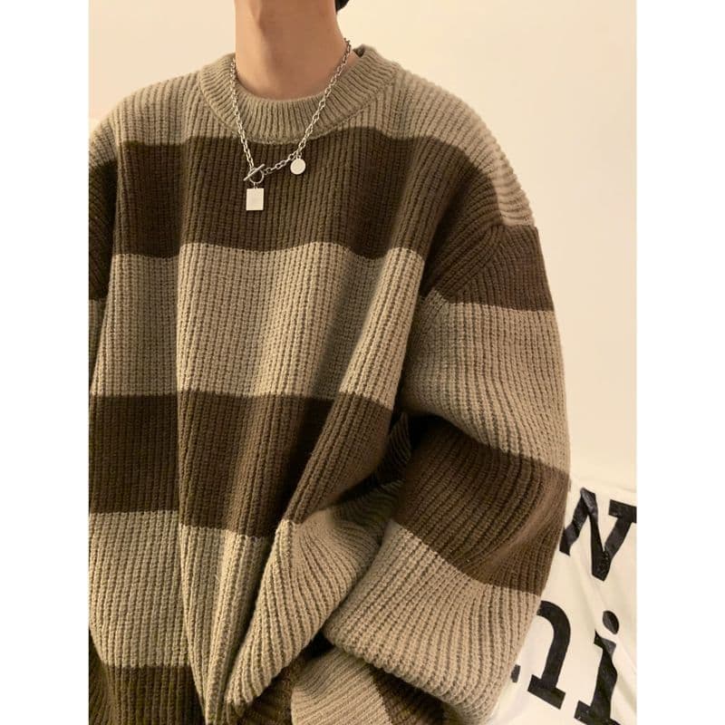 Vintage striped sweater men's Japanese style retro lazy style high-end couple sweater jacket autumn