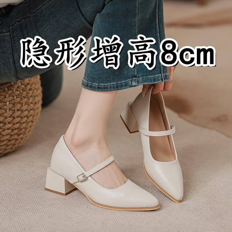 Small White Pointed Toe High Heels Women 2025 New One-Strap Buckle Inner Height Retro Mary Jane Shoes