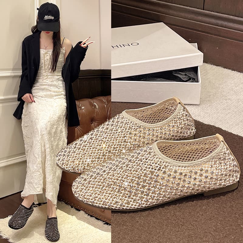 Fishnet Shoes for Women 2026 Summer Full Rhinestone Slip-On Retro Versatile Flat Casual Roman Sandals to Match Dresses