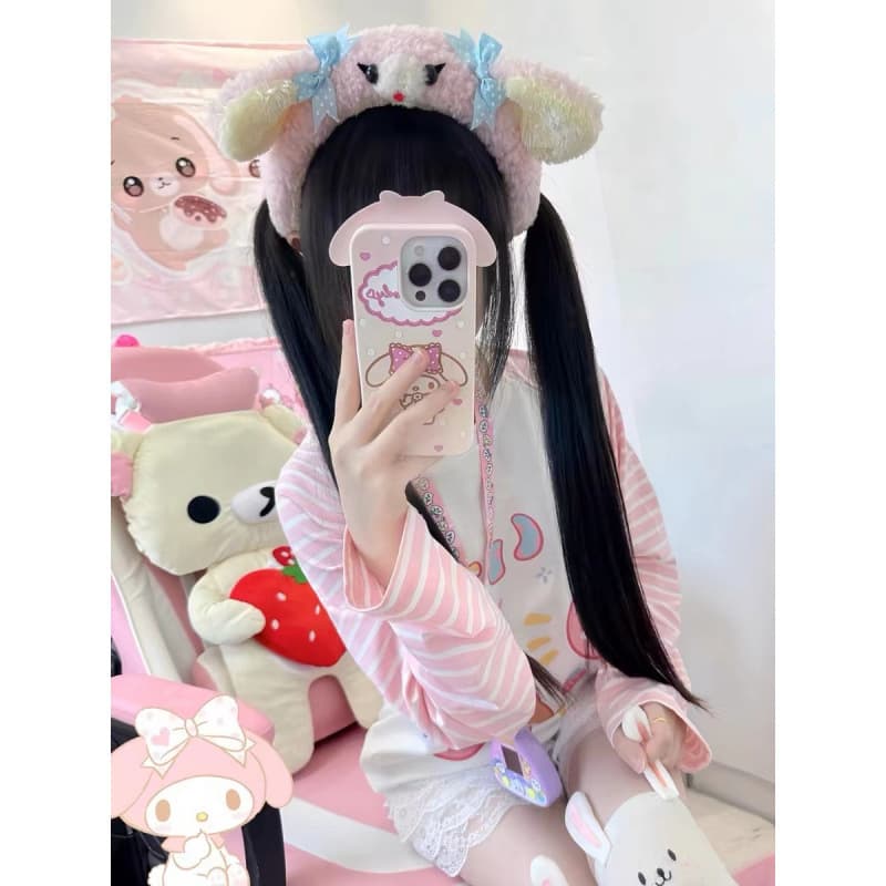 Japanese Sweet Cute Patchwork Pink Striped T-Shirt for Women, New Spring Autumn Student Loose Soft Girl Long Sleeve Top