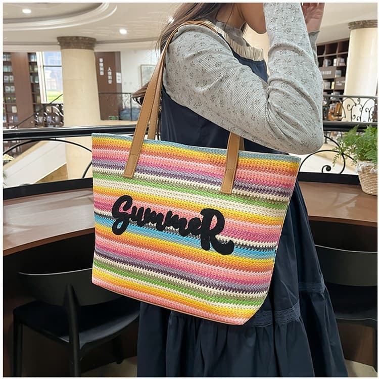 Cross-Border Woven Embroidered Beach Bag Tote Bag Large Capacity Shoulder Travel Bag Straw Bag Large Capacity Shoulder Bag