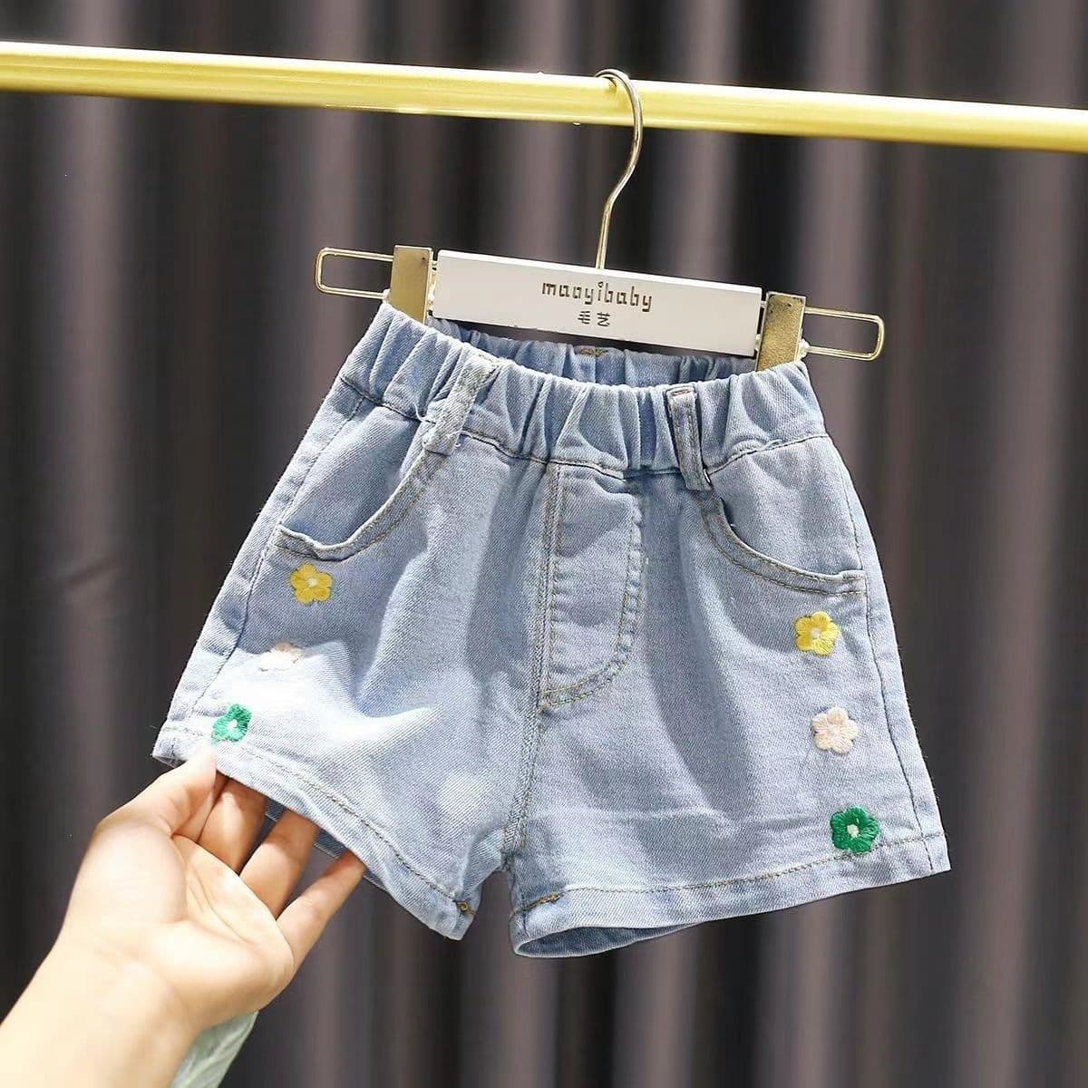 Embroidered Floral White Denim Shorts for Baby Girls - Summer Infant Kids Cute Washed Hot Pants
