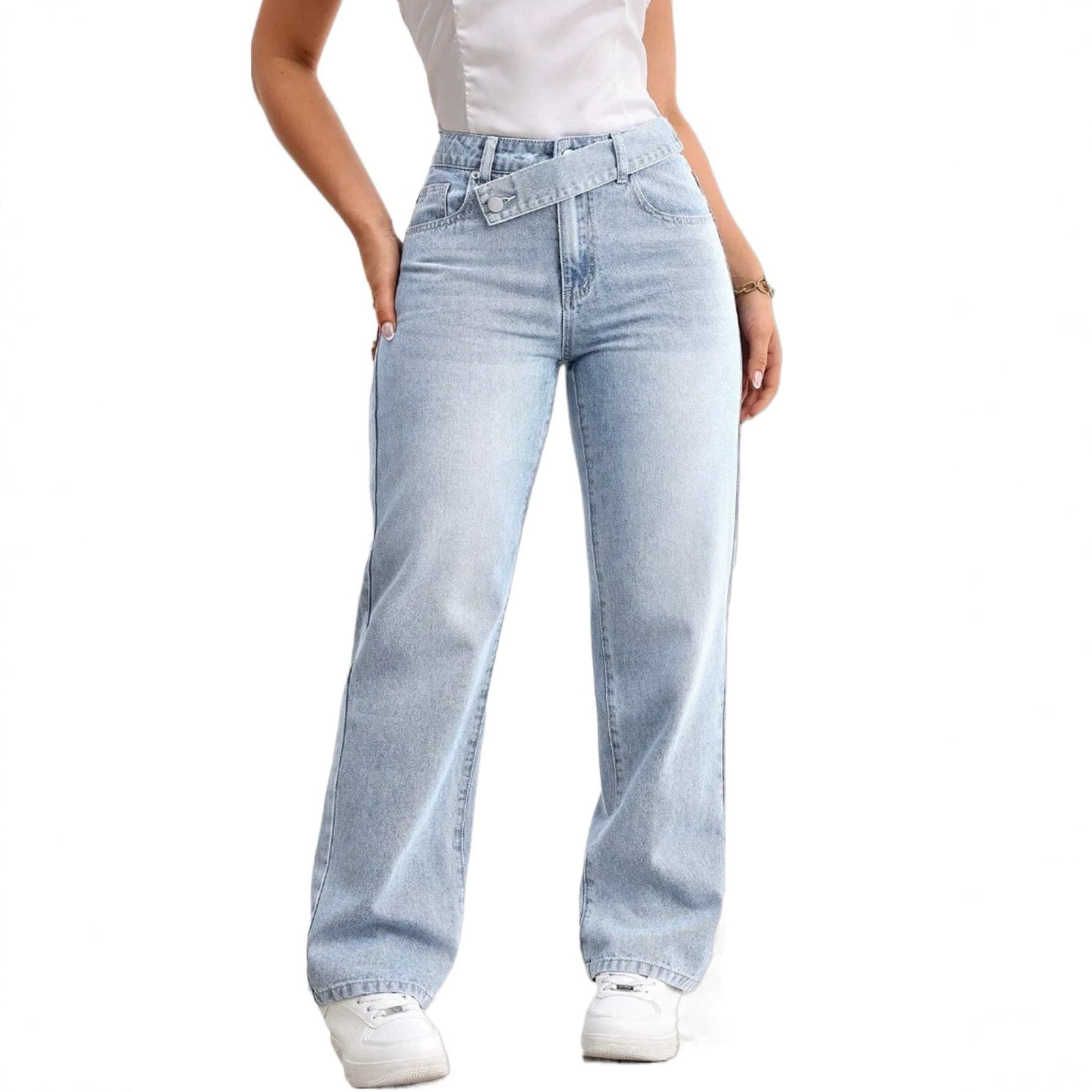Cross-Border Bestseller Women's Casual Light Blue Washed Overlapping Waist Loose Straight-Leg Jeans