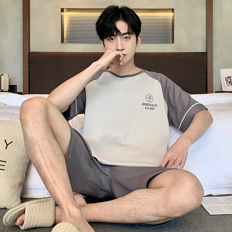 Pure Cotton Pajamas Men's Summer Short-Sleeved Shorts Thin Round Neck Summer Outwear Men's Pure Cotton Home Clothes Suit