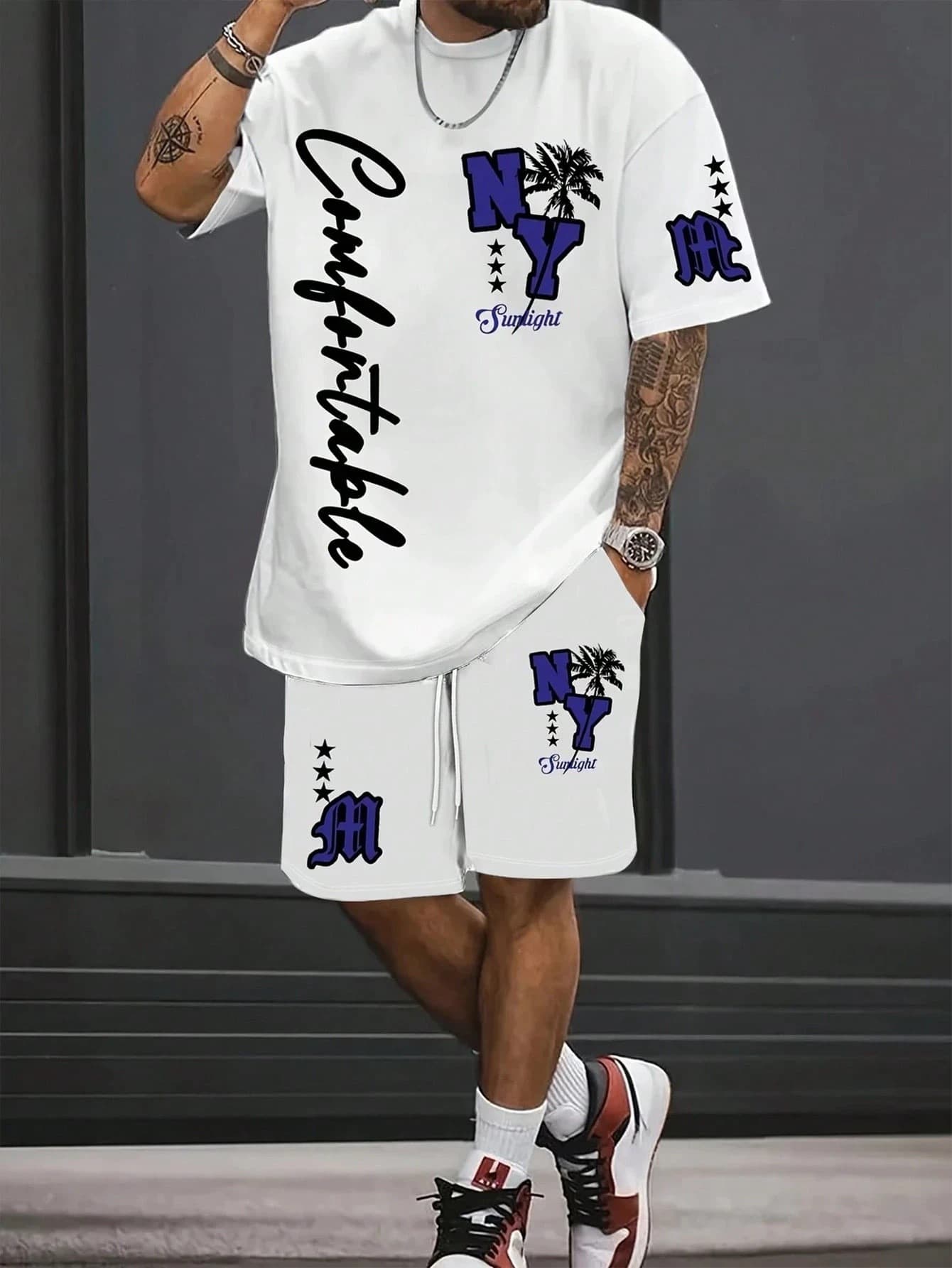 3D Digital Print Casual Cross-Border E-Commerce Amazon Men's Best-Selling Short Sleeve T-Shirt Set Letter Print