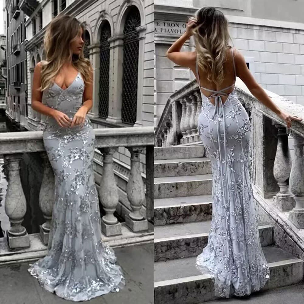 2025 New European and American Cross-border Sexy Deep V Lace Fishtail Long Dress with Train, Slim Fit, Backless Sequin Dress