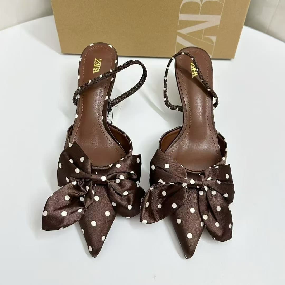 ZA 2025 New Women's Satin Bow-Decorated Stiletto Heel Closed-Toe Open-Back One-Strap High Heel Sandals