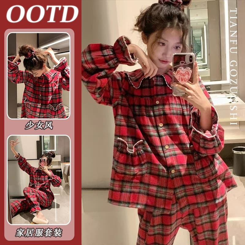 ins Japanese plaid doll collar pajamas women's spring and autumn cardigan long-sleeved trousers cute can be worn outside home clothes set