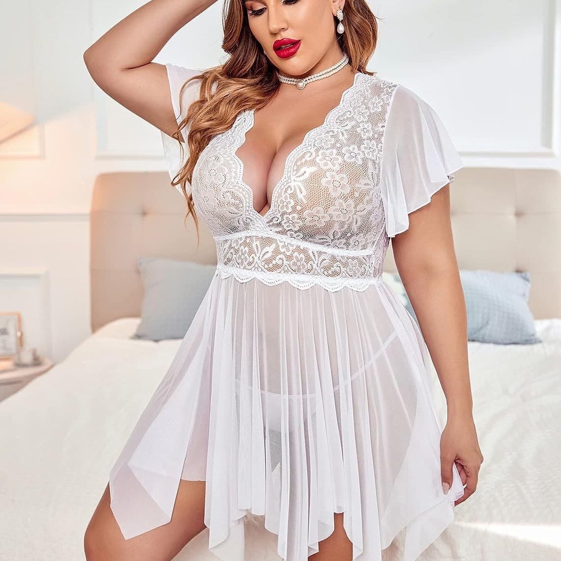 Plus Size Floral Lace Mesh Sexy Deep V Onesie Doll Shirt Evening Gown Erotic Sleepwear Doll Shirt One Piece Suit