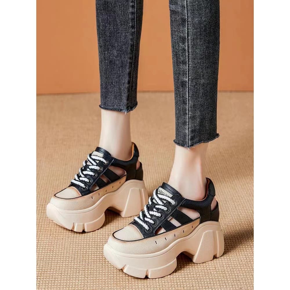 Inner heightening Baotou women's shoes 2025 new summer hollow breathable thick sole small white thick heel Roman sandals