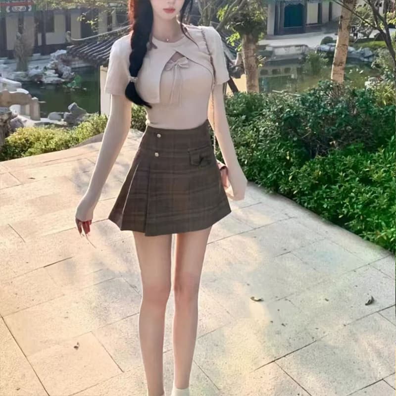 High-waist cropped top, in stock new style, sweet and gentle knit cape inner layer with bow top wholesale