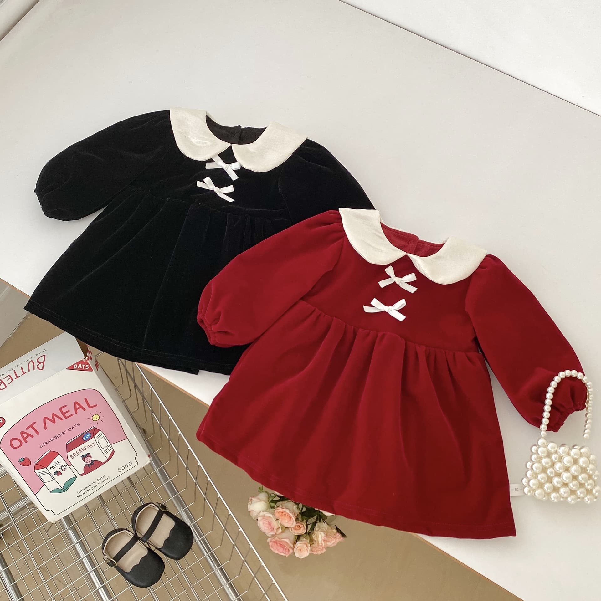 Autumn and winter all-match girls baby new fleece-lined long sleeve dress doll collar bow fashionable new year skirt