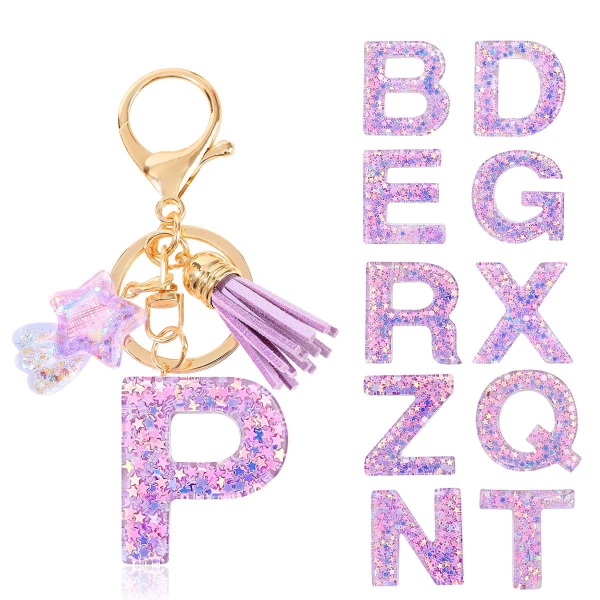 New Fashion Purple Letter Keychain Star Sequin Star Tassel Crystal Epoxy Pendant Women's Keychain